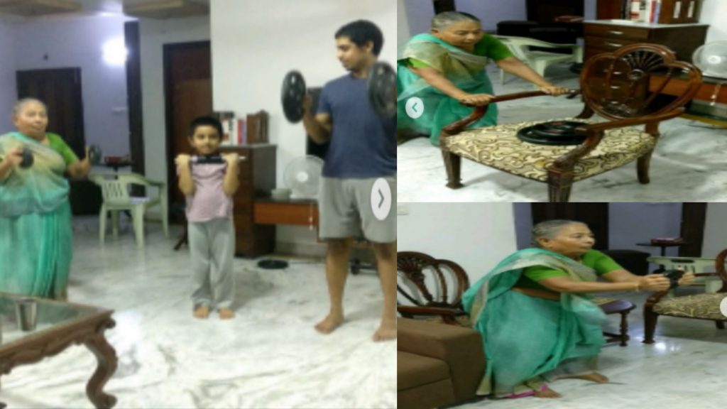 82 years old Grandma beats her grandson by squatting and lifting weight