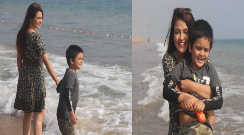 Actress Priyanka Sarkar enjoys the sea with son Sohoj in Puri