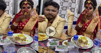 Newly married wife takes meals in her wedding happily