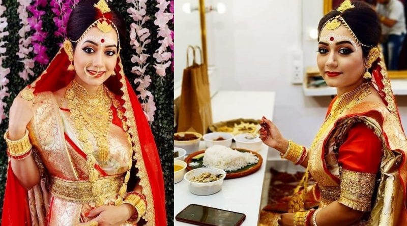 Promita Chakrabartty eats Aiburo bhat dressing as new bride naba bodhu